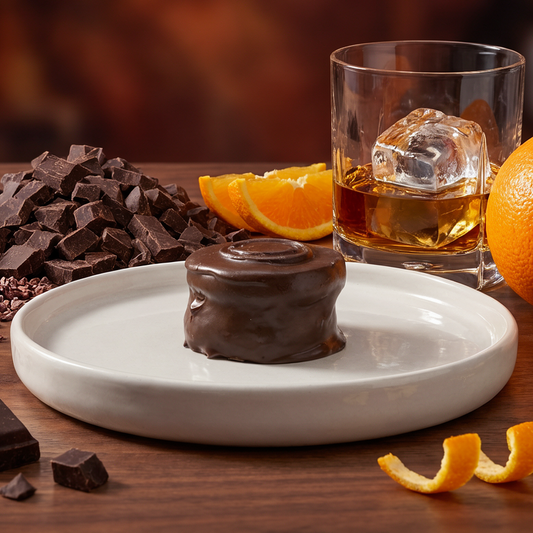 Handcrafted orange bourbon alfajor with orange ganache filling and chocolate coating, gourmet gift from Florida