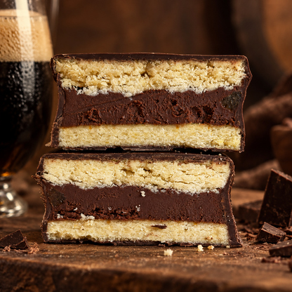 Handcrafted stout beer alfajor with chocolate ganache and milk chocolate coating, gourmet gift from Florida