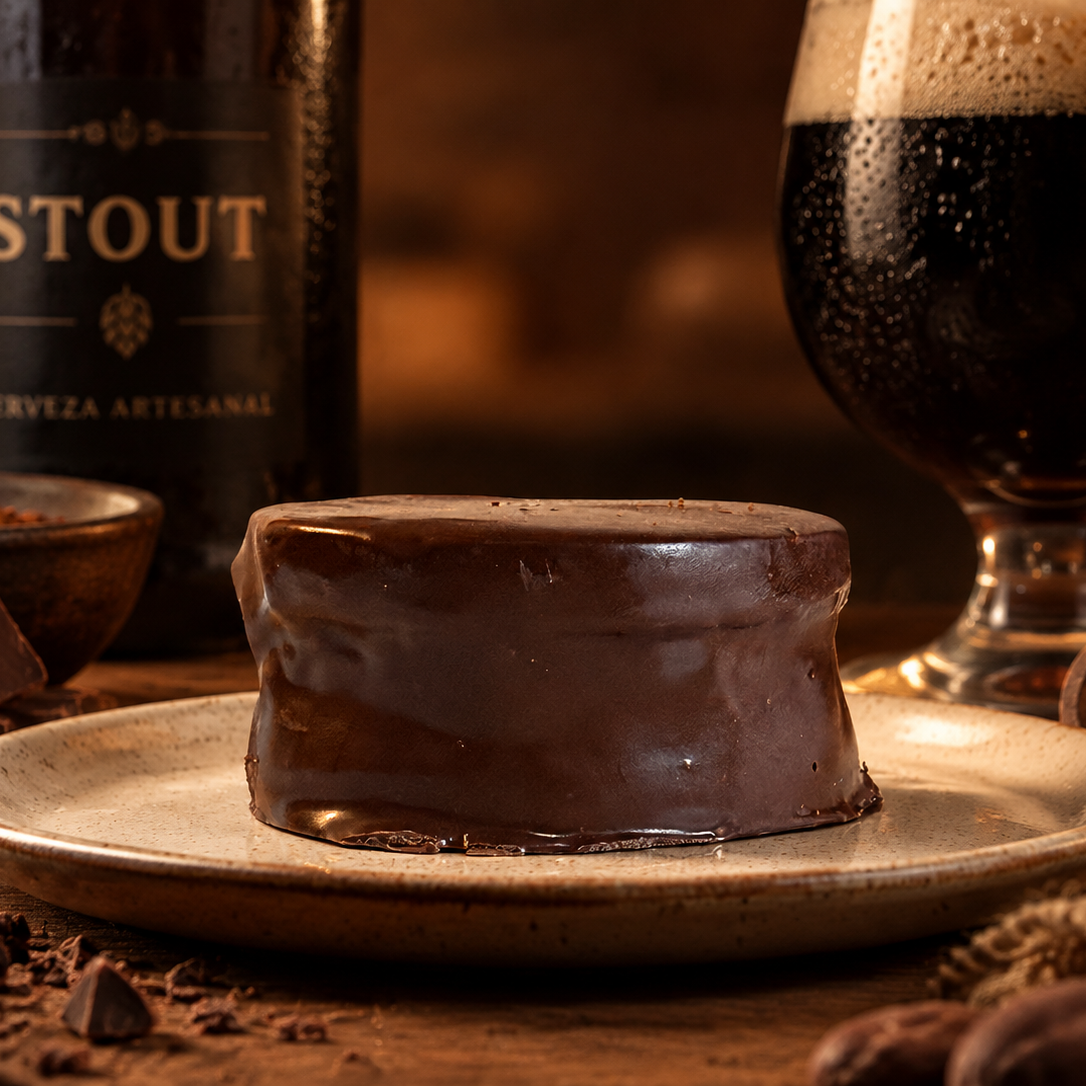 Handcrafted stout beer alfajor with chocolate ganache and milk chocolate coating, gourmet gift from Florida