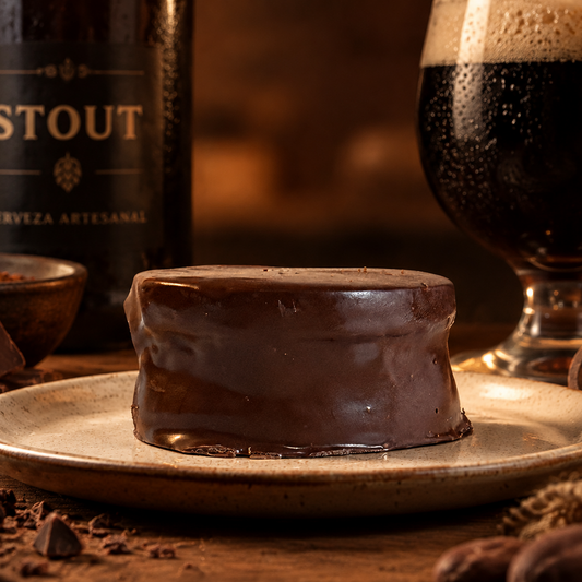 Handcrafted stout beer alfajor with chocolate ganache and milk chocolate coating, gourmet gift from Florida